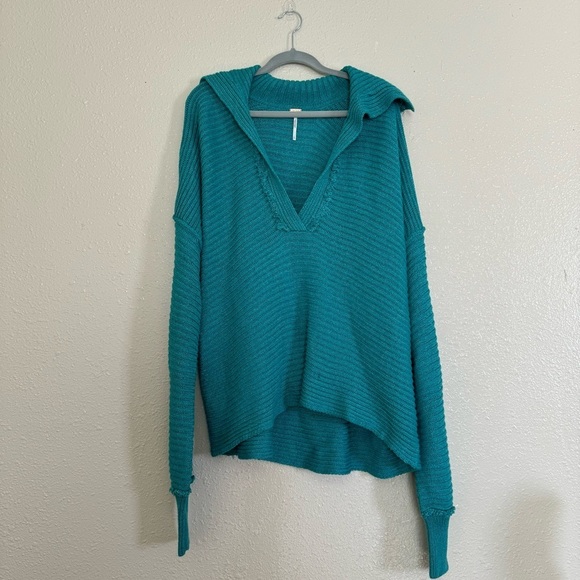Free People Marlie Knit Collared Pullover in Teal - Picture 2 of 7